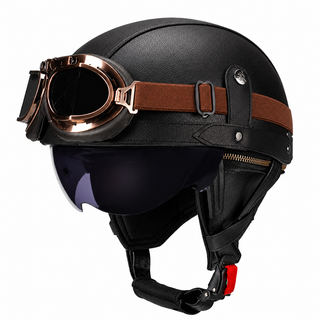 AviatorRide – Vintage PU Leather DOT Motorcycle Half Helmet with Goggles
