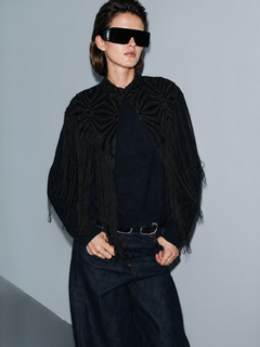 FringeNoir – Embellished Fringe Cape Top with Structured Shoulders