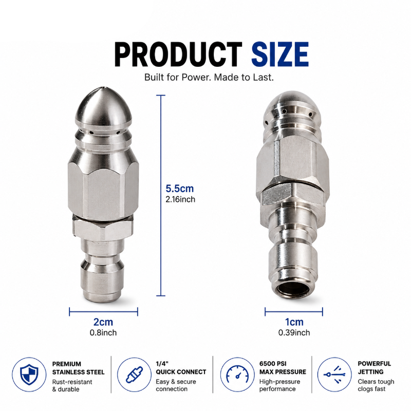 JetFlush – 6500 PSI Stainless Steel Sewer Jetter Nozzle with 1/4" Quick Connect
