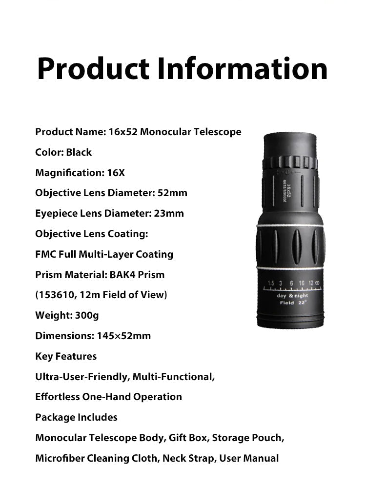 TrailSight – 16x52 HD Monocular, IPX5 Waterproof & Fog-Proof🧭🔭