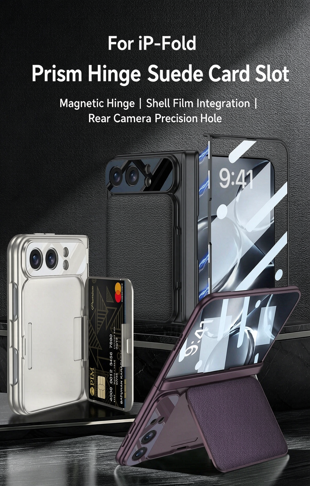 ⭐PrismFold – Magnetic Leather Wallet Stand Case with Screen Glass Film for iPhone Duo