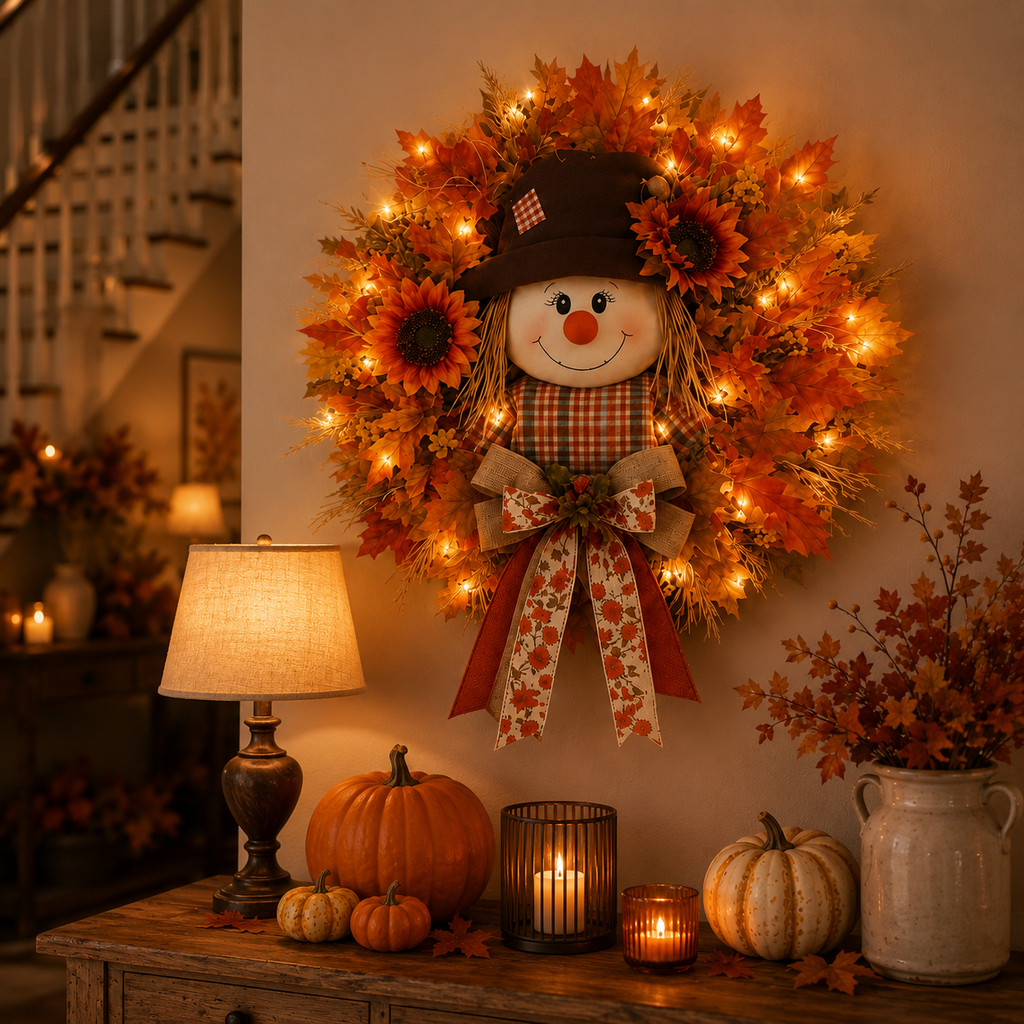 Fall scarecrow wreath with autumn leaves, sunflowers, and a decorative bow