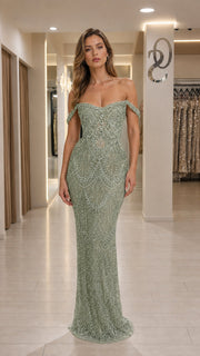GlimmerGown – Off-the-Shoulder Beaded Mermaid Evening Gown