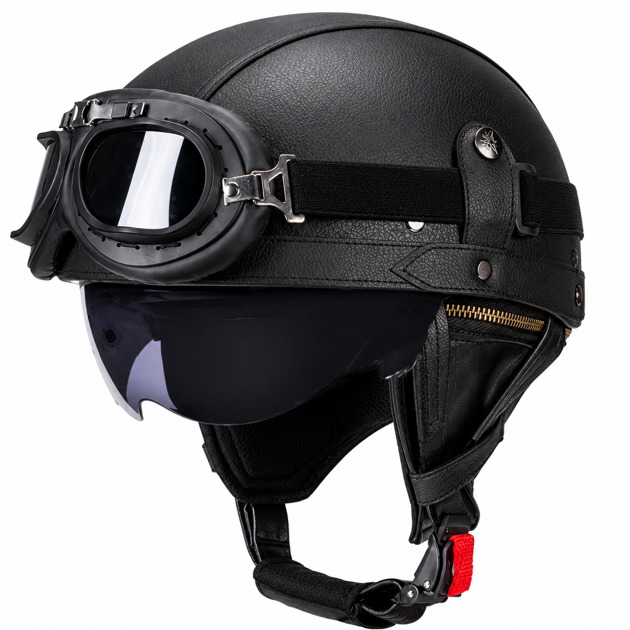 AviatorRide – Vintage PU Leather DOT Motorcycle Half Helmet with Goggles