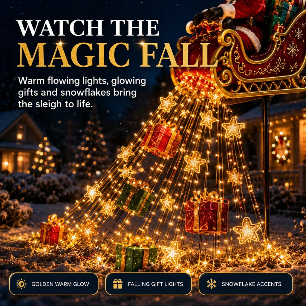 SleighGlow – 🔥🎅✨ Santa's Flying Sleigh Gift Cascade Solar Christmas Garden Light