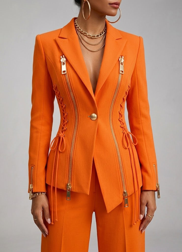 ZipLace – 🤲🧡 Women's 2-Piece Suit Set with Lace-Up Blazer, Wide-Leg Pants & FREE Handbag