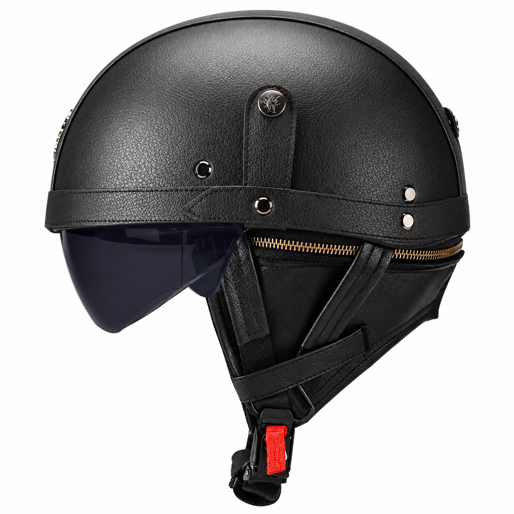AviatorRide – Vintage PU Leather DOT Motorcycle Half Helmet with Goggles