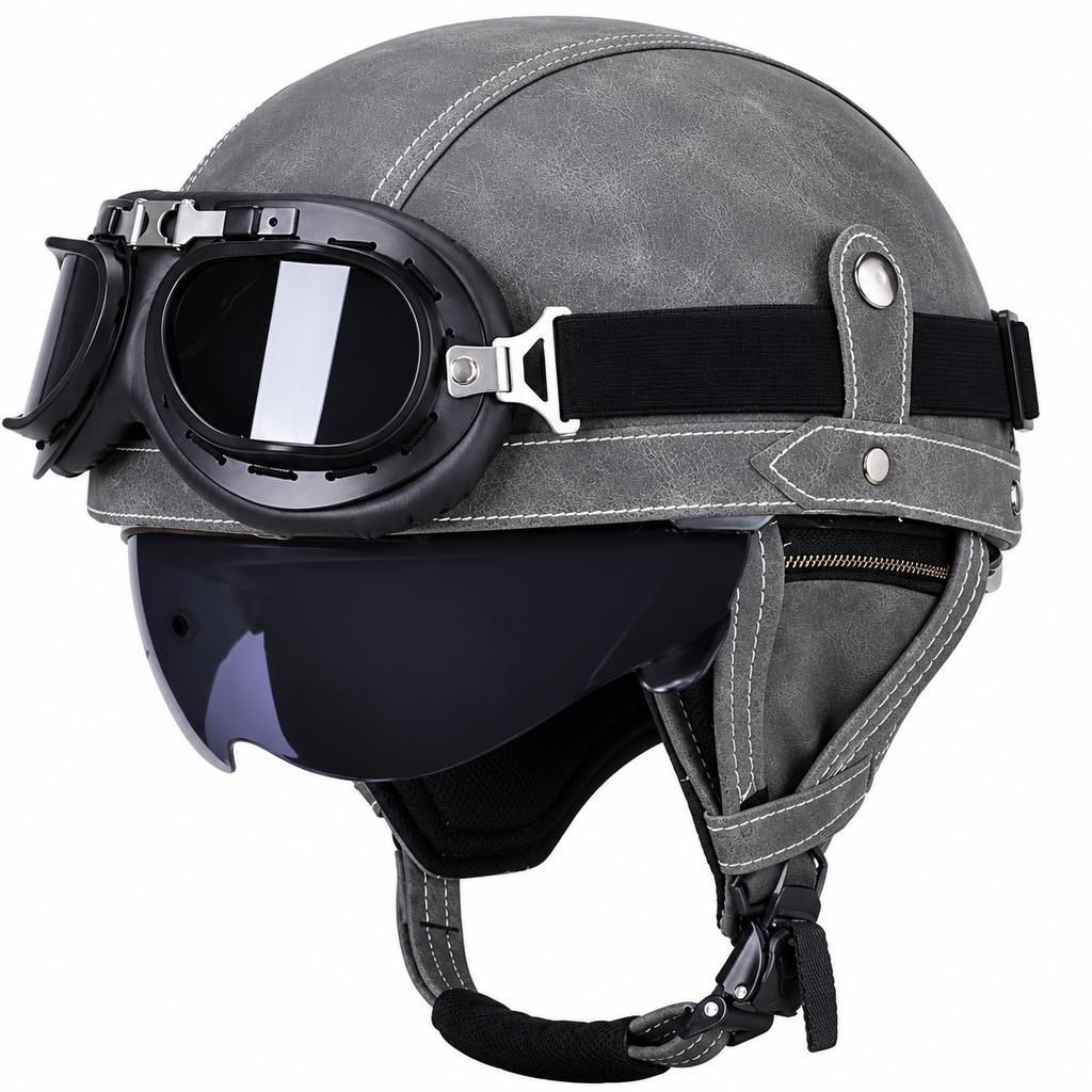 AviatorRide – Vintage PU Leather DOT Motorcycle Half Helmet with Goggles