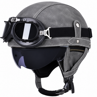 AviatorRide – Vintage PU Leather DOT Motorcycle Half Helmet with Goggles
