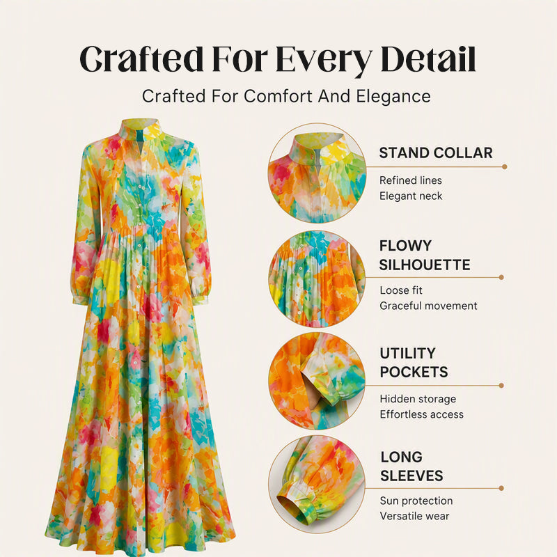 CanvasFlow – Women's Artistic Print Long-Sleeve Maxi Dress