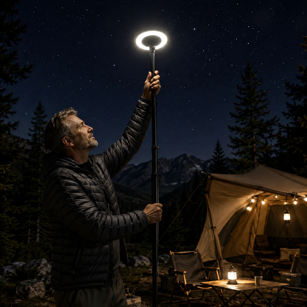 Telescopic camping and work light extended beside a campsite at night