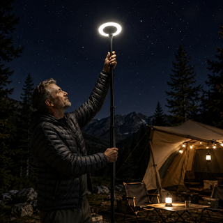 Telescopic camping and work light extended beside a campsite at night