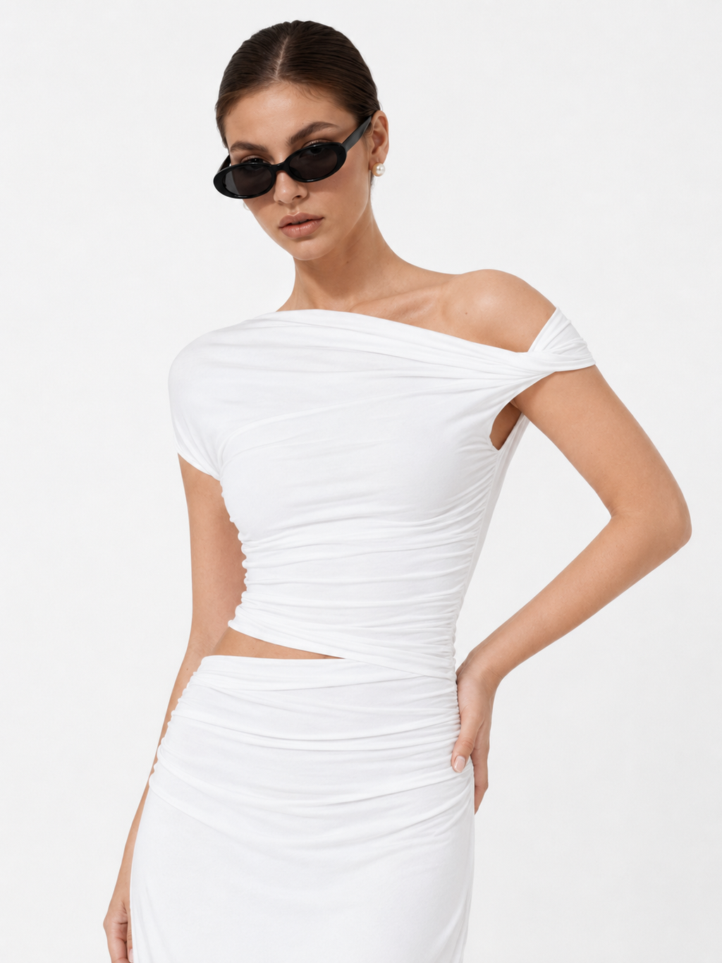 MilayaMuse – Off-the-Shoulder Ruched Top & Midi Skirt Set