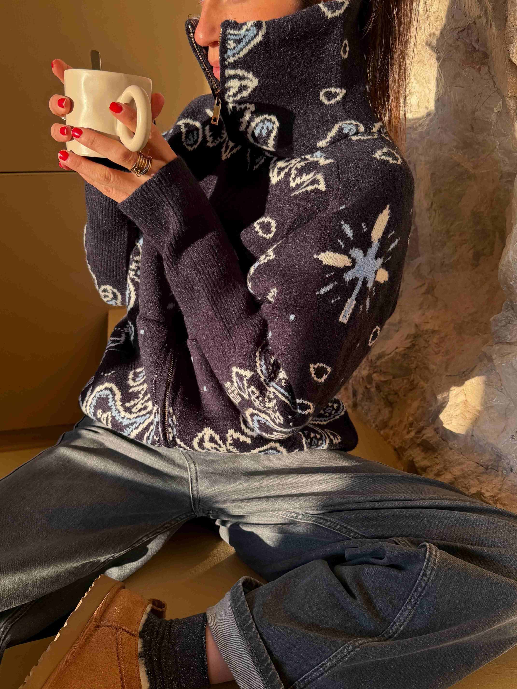 BandanaEase – Bandana-Patterned Knit Cardigan