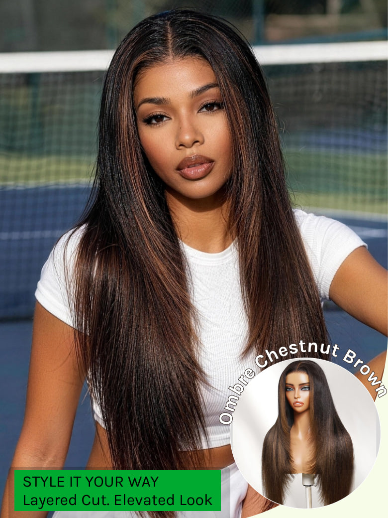 ChestnutGlide – Ombre Chestnut Brown Yaki Straight 7x5 Glueless Human Hair Wig with Drawstring