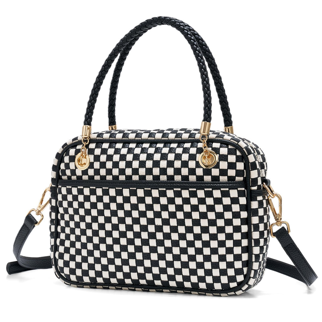 CheckWeave – Chic Checkered Woven Top Handle Crossbody Shoulder Bag in Vegan Leather