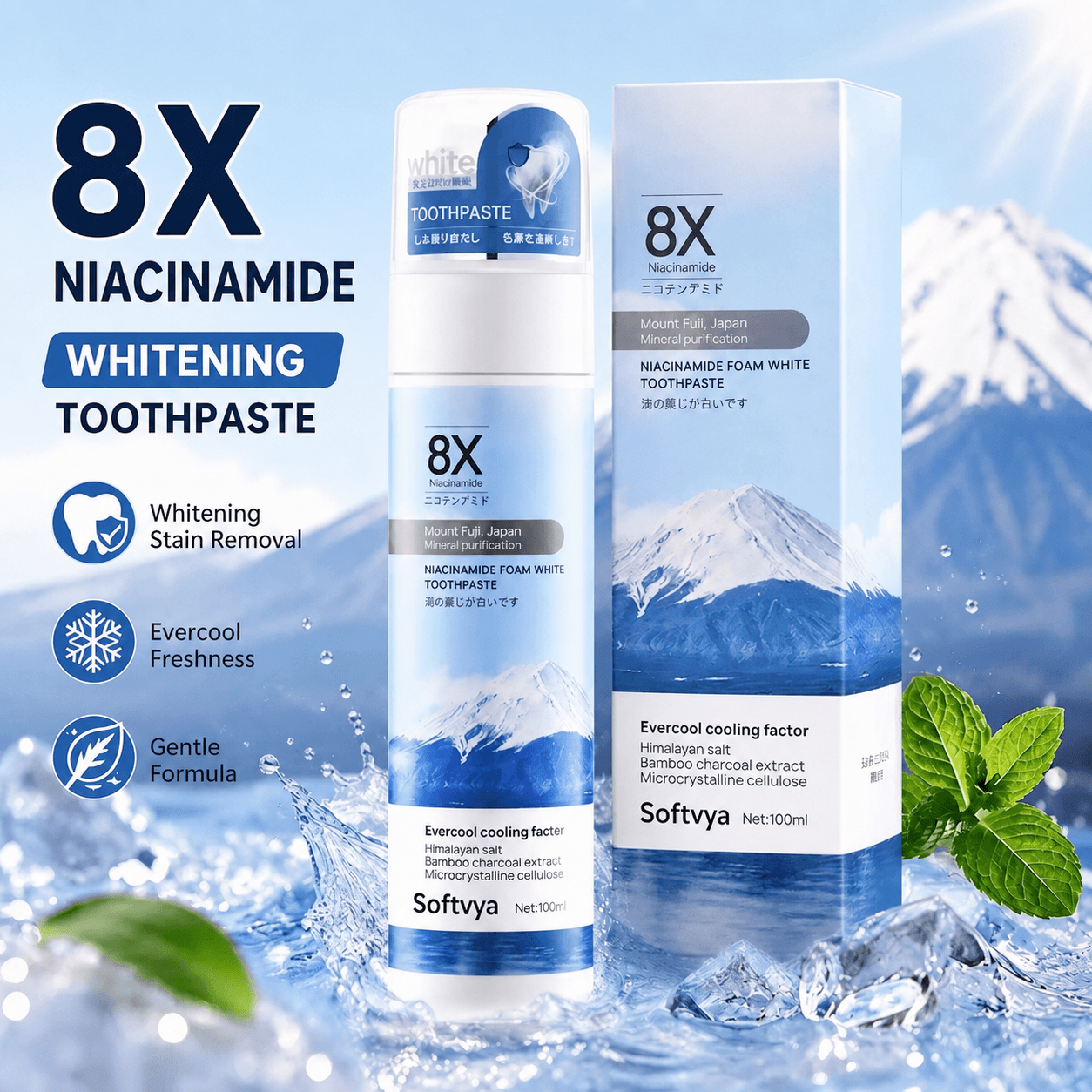 8X Niacinamide foaming whitening toothpaste with pump bottle