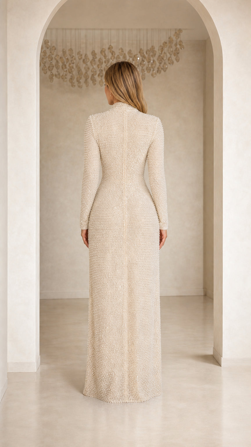 GlimmerDrape – Sequin Long Sleeve V-Neck Maxi Dress