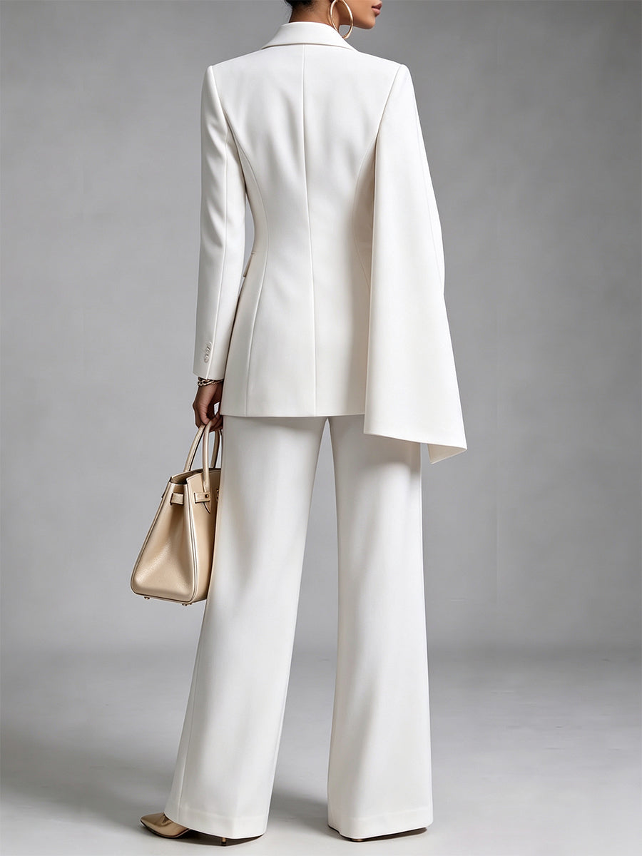 CapeLuxe – 🤲⏰ Women's Chic 2-Piece Suit Set with Asymmetric Cape Blazer & Wide-Leg Pants