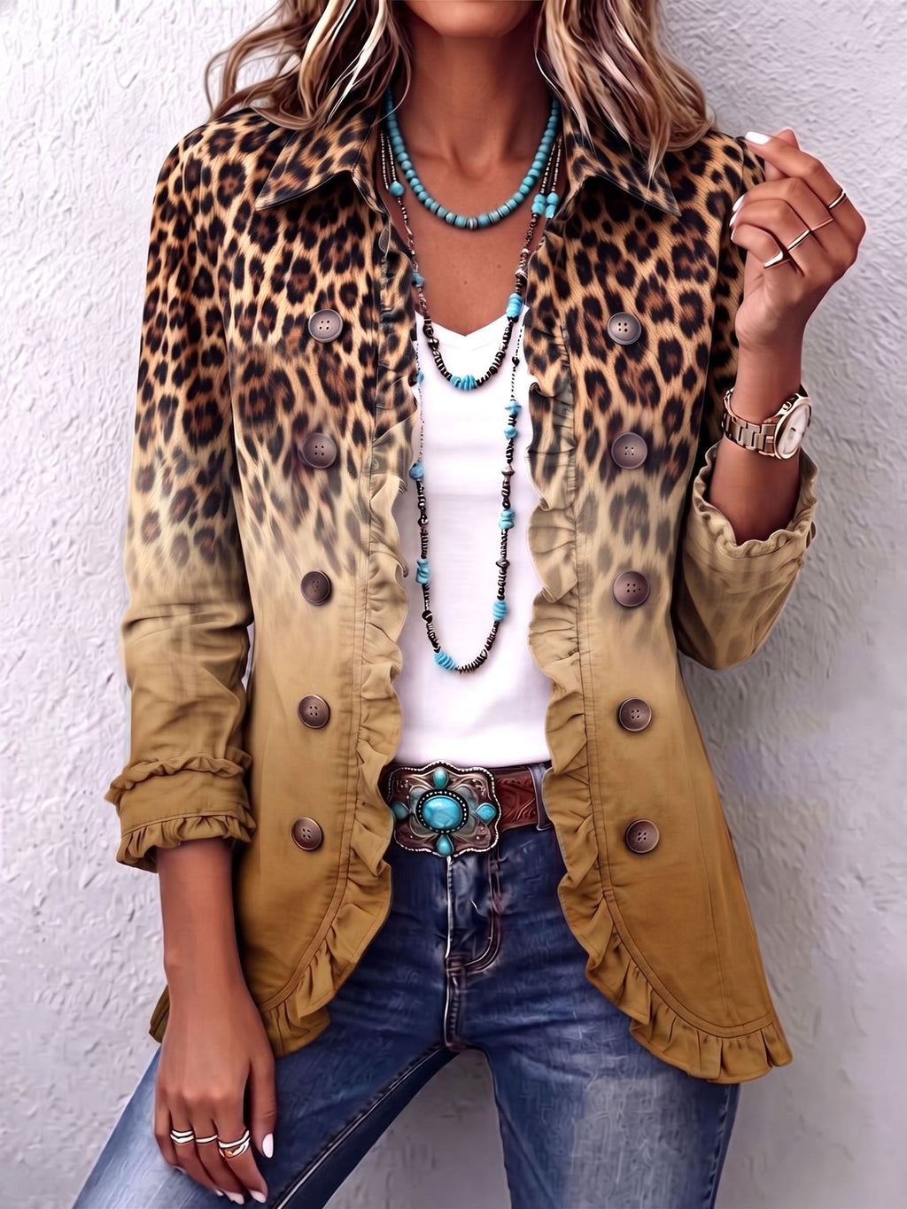 BohoBloom – 🤲 ⏰ Leopard Ombre Ruffle Blazer Jacket