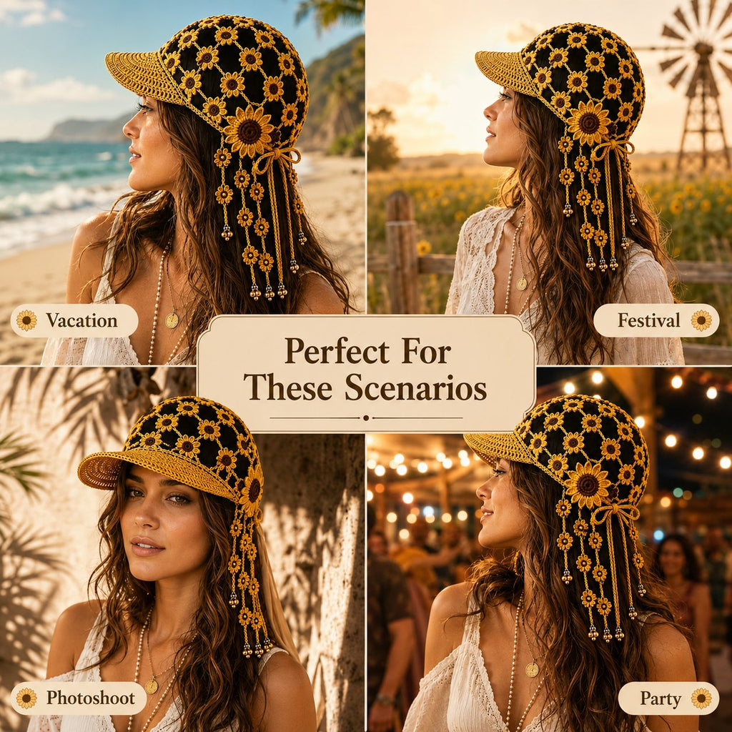 SunflowerChime – Handmade Crochet Tassel Bell Hat