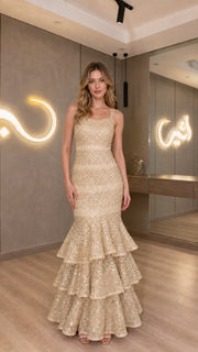 SequinSiren – Sleeveless Tiered Mermaid Evening Gown