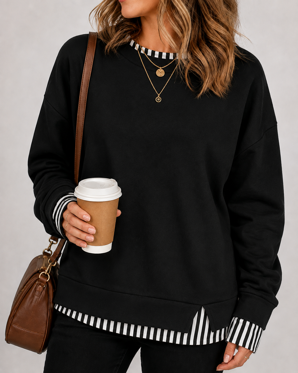 LayerEase – Women’s Faux Two-Piece Crewneck Sweatshirt