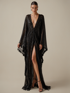 ShimmerDrift – Sequined Fringe-Trim Plunge V-Neck Maxi Kaftan Dress