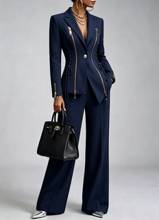 ZipLace – 🤲🧡 Women's 2-Piece Suit Set with Lace-Up Blazer, Wide-Leg Pants & FREE Handbag