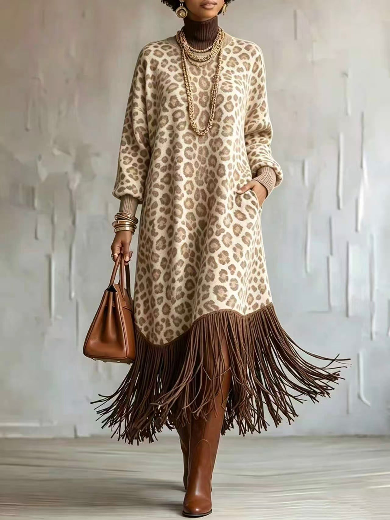 WildFringe – Boho Leopard Print Fringe Dress with Long Sleeves