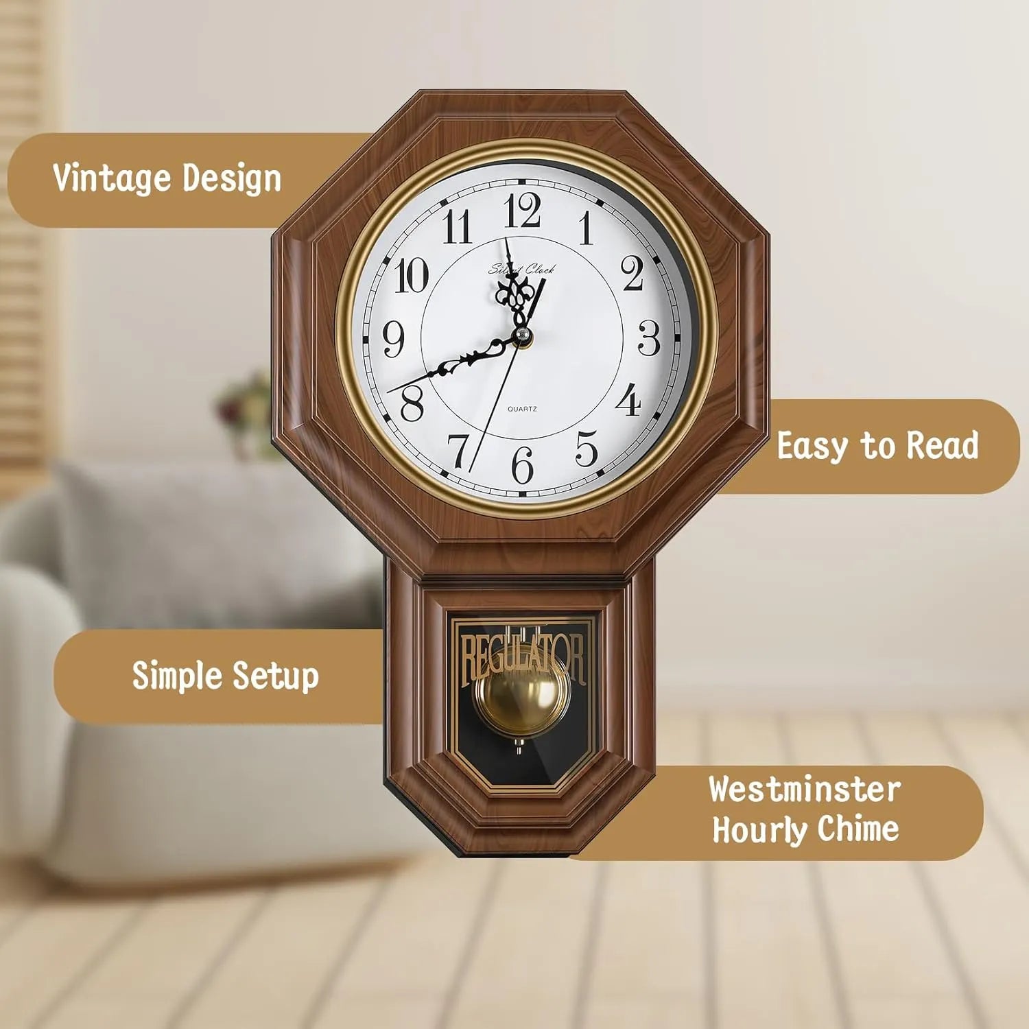 RegalTock – Battery-Operated Vintage Pendulum Regulator Wall Clock