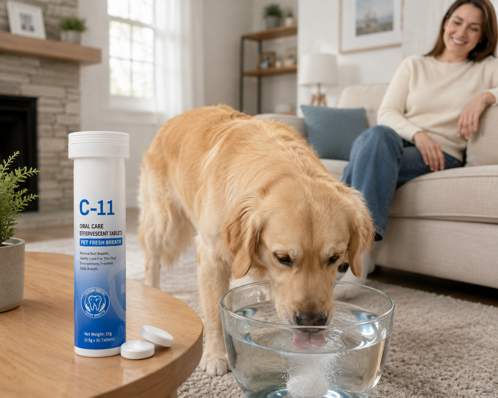 Dog drinking water with dental care effervescent tablet