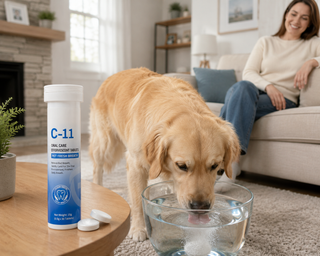 Dog drinking water with dental care effervescent tablet