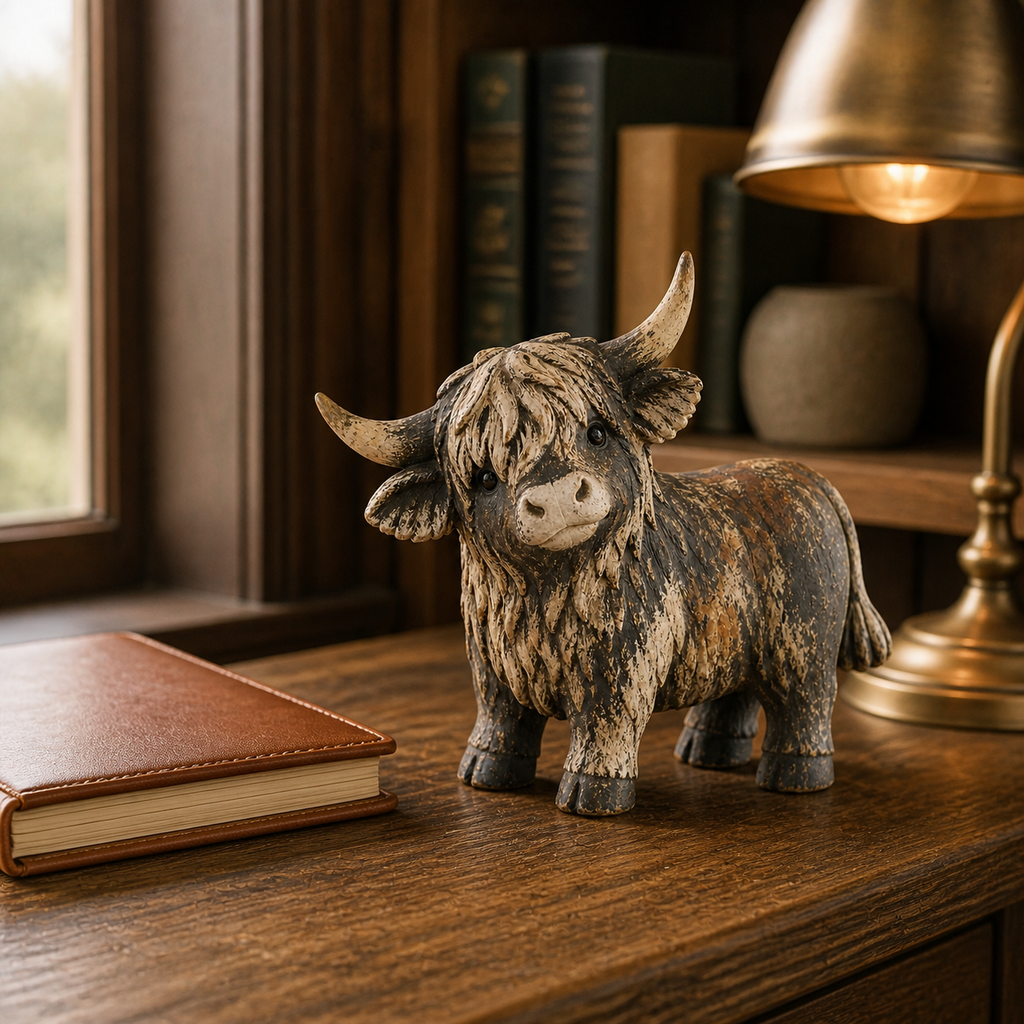 🐮 CuriousCoo – Rustic Highland Cow Figurine for Charming Farmhouse Tabletop Decor