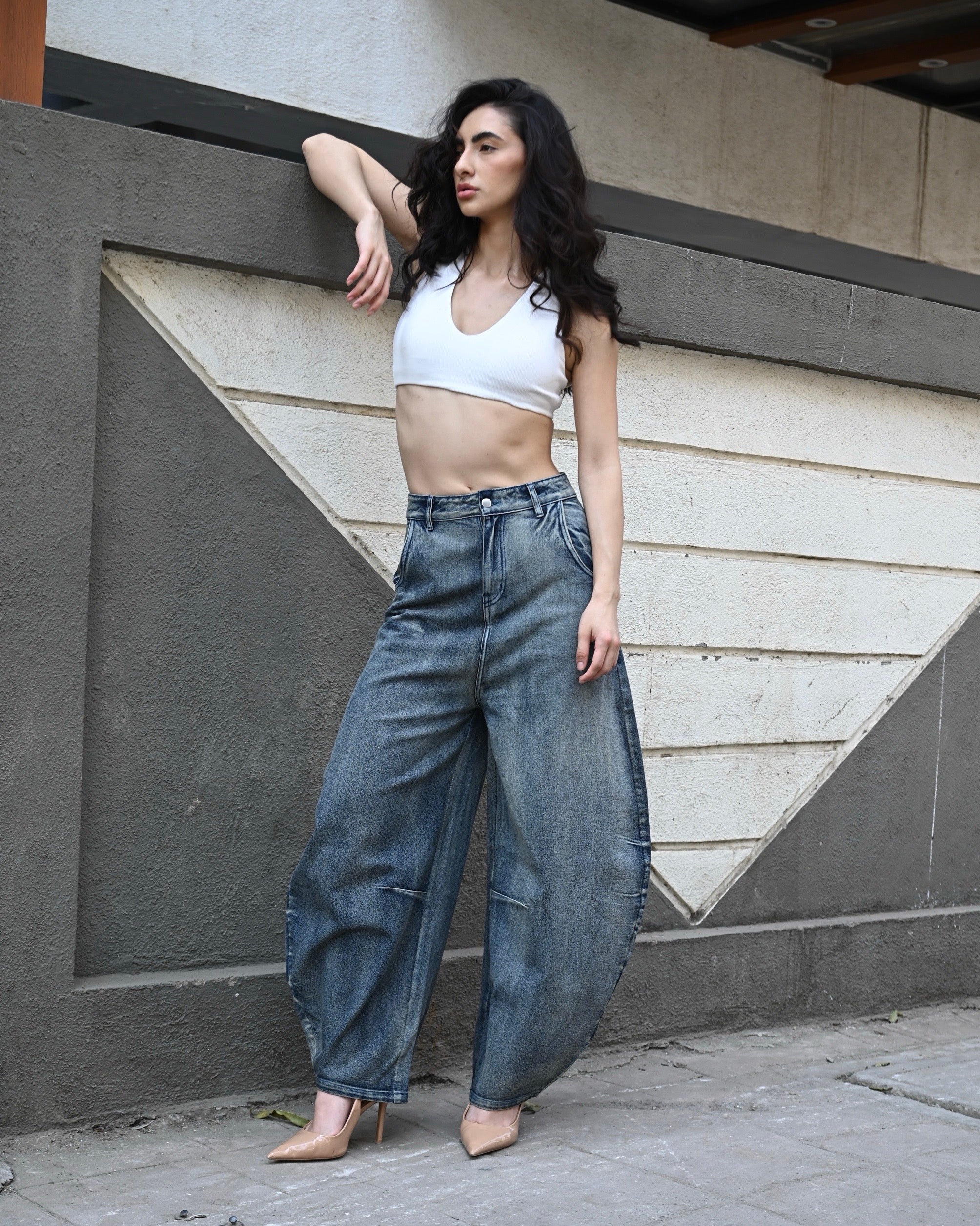 BarrelBloom – High-Rise Barrel Cut Wide-Leg Denim
