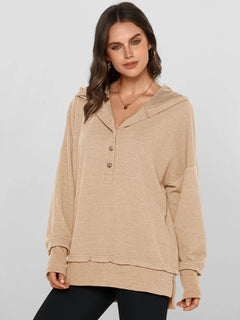 LayerEase – Women’s Oversized Button V-Neck Hoodie with Side Slits