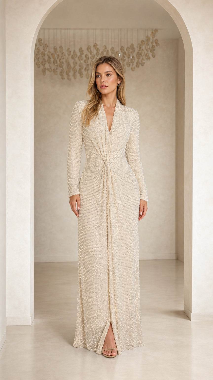 GlimmerDrape – Sequin Long Sleeve V-Neck Maxi Dress