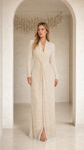 GlimmerDrape – Sequin Long Sleeve V-Neck Maxi Dress