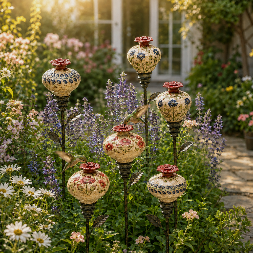 NectarCharm – Vintage Ceramic Hummingbird Feeder Garden Stake