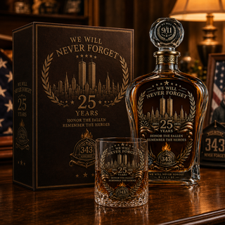 🕯️ TributeCrest – 9/11 25th Anniversary Memorial Whiskey Decanter & Glass Gift Set, We Will Never Forget 343 Heroes
