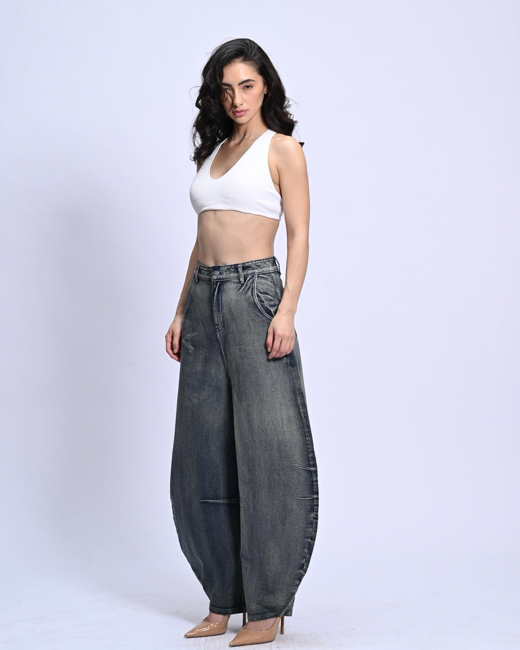 BarrelBloom – High-Rise Barrel Cut Wide-Leg Denim