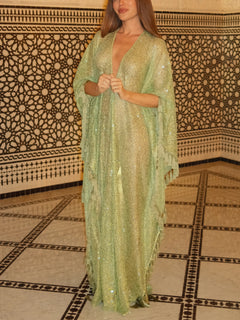 ShimmerDrift – Sequined Fringe-Trim Plunge V-Neck Maxi Kaftan Dress