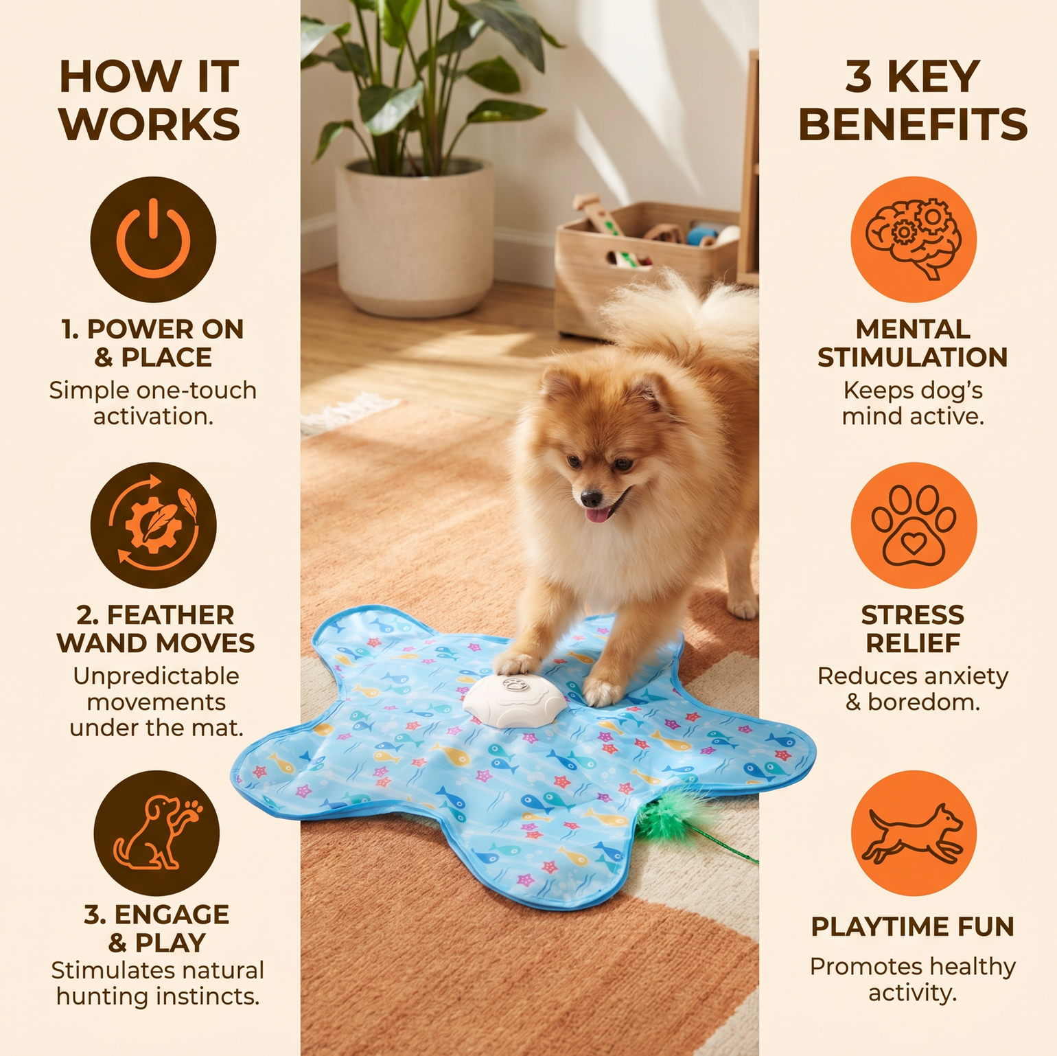 How the HuntingFun Dog Pro works — power on, feather wand moves, dog engages and plays