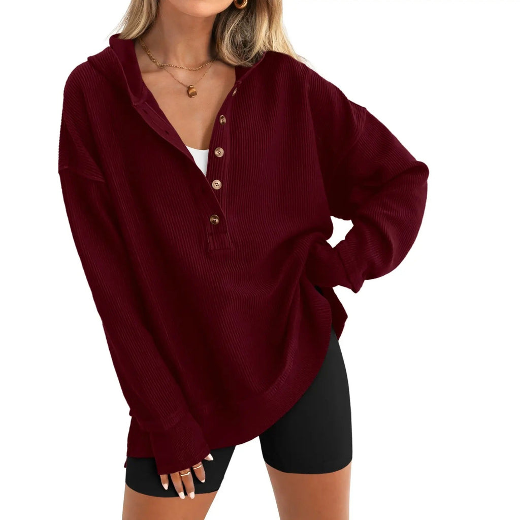 LayerEase – Women’s Oversized Button V-Neck Hoodie with Side Slits