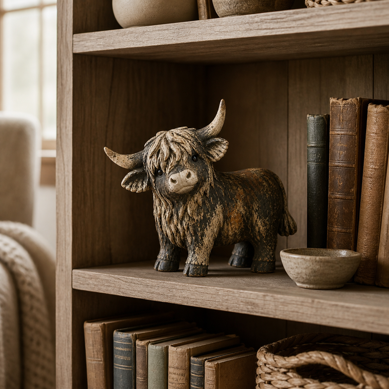 🐮 CuriousCoo – Rustic Highland Cow Figurine for Charming Farmhouse Tabletop Decor