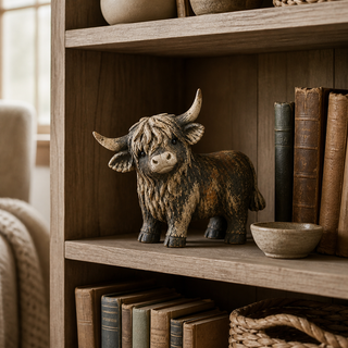🐮 CuriousCoo – Rustic Highland Cow Figurine for Charming Farmhouse Tabletop Decor