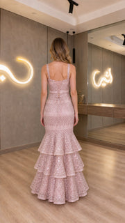 SequinSiren – Sleeveless Tiered Mermaid Evening Gown