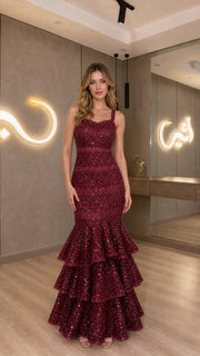 SequinSiren – Sleeveless Tiered Mermaid Evening Gown