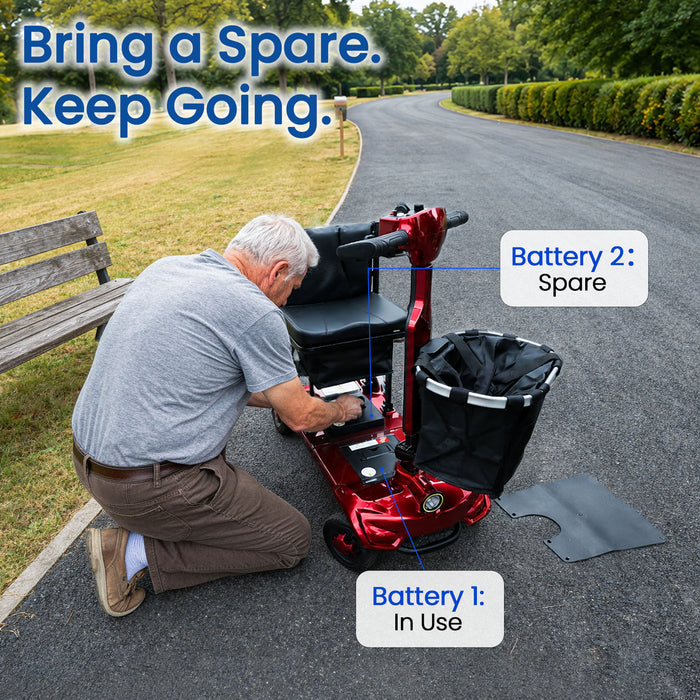 Older man kneels beside a red mobility scooter on a park road, changing batteries labeled “Battery 1: In Use” and “Battery 2: Spare.”