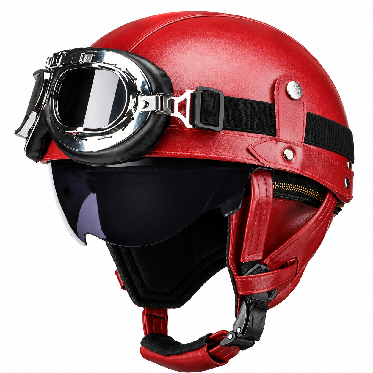 AviatorRide – Vintage PU Leather DOT Motorcycle Half Helmet with Goggles